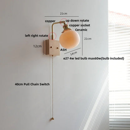 ™ Globe Ceramic Walnut Wood Wall Light with Pull Chain Switch and Rotatable Design