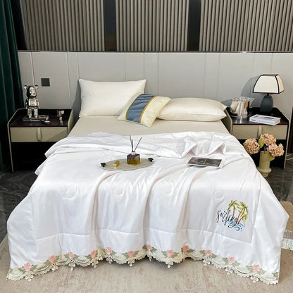 DecorBites™ Lace Edge Flowers Embroidery Cool Blanket for Bed - Machine Washable Summer Quilt