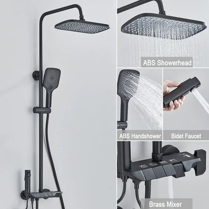 DecorBites™ Black Piano Digital Shower System with Intelligent Brass Faucets and White Rainfall Shower