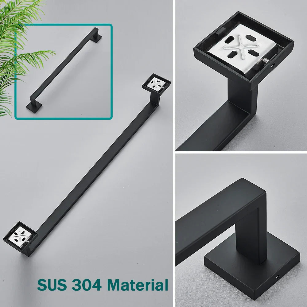 DecorBites™ Black Stainless Steel Bathroom Accessories Set: Towel Bar, Paper Holder, Hook & Bath Rack