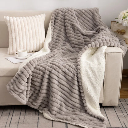 DecorBites™ Luxe Faux-Rabbit Fur Double-Layer Blanket for Cozy Autumn-Winter Comfort