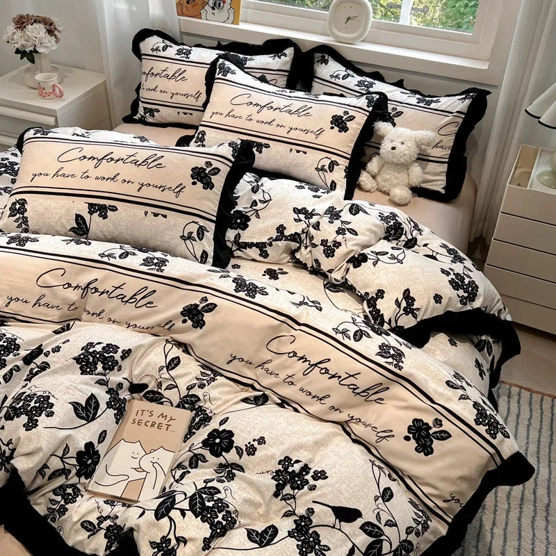 DecorBites™ Black White Printed Bed Skirt Bedding Set - Cozy Skin Friendly Linens