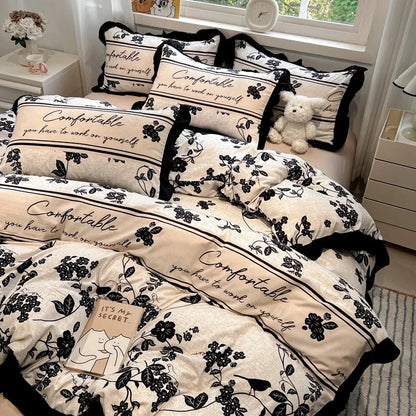 DecorBites™ Black White Printed Bed Skirt Bedding Set - Cozy Skin Friendly Linens