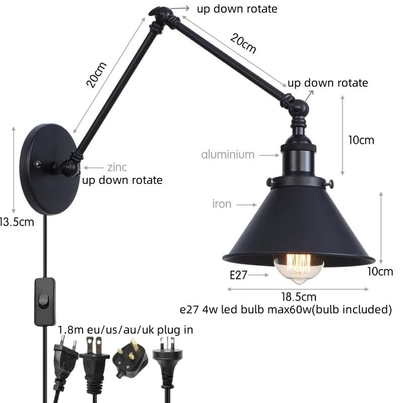 DecorBites™ Gold Long Arm LED Wall Sconce with Pull Chain Switch, Adjustable Industrial Bedside Lamp