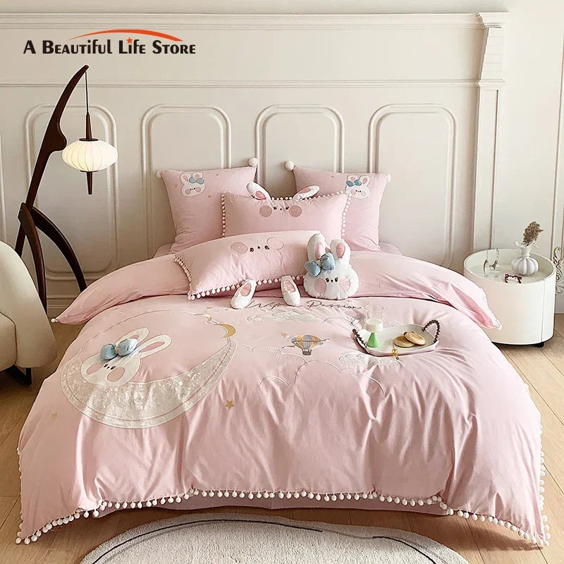 DecorBites™ Cartoon Rabbit Moon Embroidery 100% Cotton Girls Bedding Set with Ball Edge