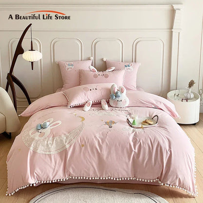 DecorBites™ Cartoon Rabbit Moon Embroidery 100% Cotton Girls Bedding Set with Ball Edge