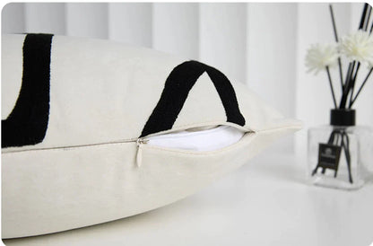 DecorBites™ Geometric Line Embroidered Pillowcase in Black White Beige Suede Canvas