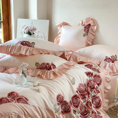 DecorBites™ Butterfly Flowers Embroidery Ruffles Wedding Bedding Set: 1400TC 100% Egyptian Cotton