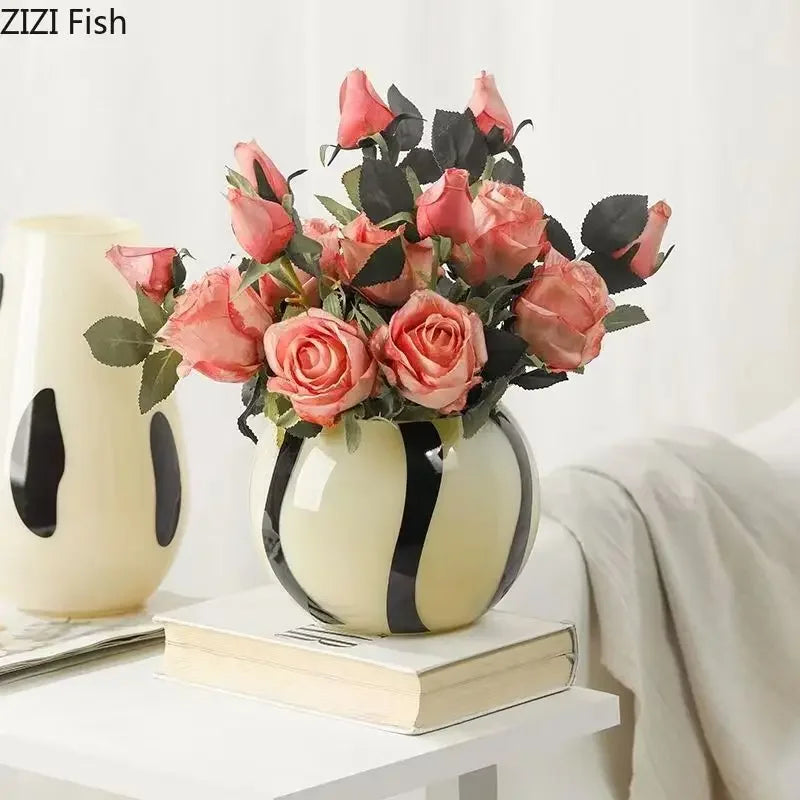 DecorBites™ Black Stripes Glass Vase Desk Decoration Artificial Flowers Pots Aesthetic Room Decor