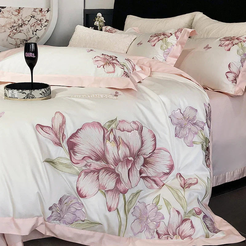 DecorBites™ Blooming Flowers Embroidery Bedding Set 600TC Egyptian Cotton Duvet Cover Queen King