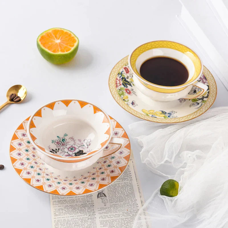 DecorBites™ Bone China Flower Coffee Cup Saucers Set, Elegant Pastoral Tea Time Essentials