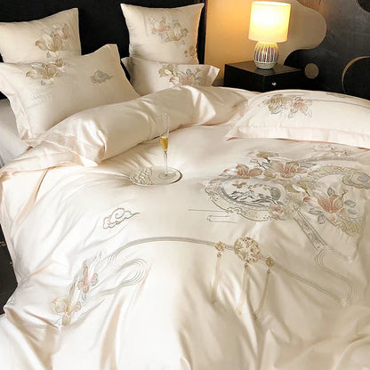 DecorBites™ Luxe Floral Bird Embroidery 1000TC Egyptian Cotton Bedding Set