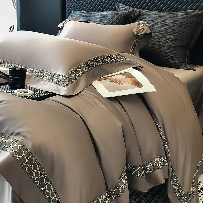 DecorBites™ Brown Lace Embroidery Bedding Set, 4Pcs, 1200TC Egyptian Cotton