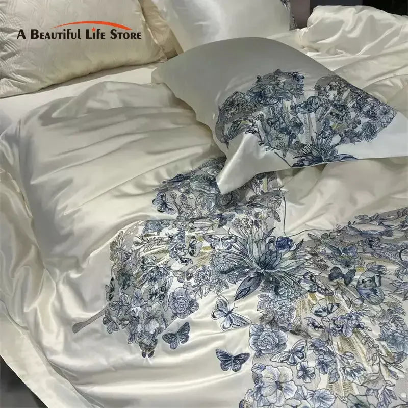 DecorBites™ Butterfly Flowers Embroidery Luxury Bedding Set 4Pcs