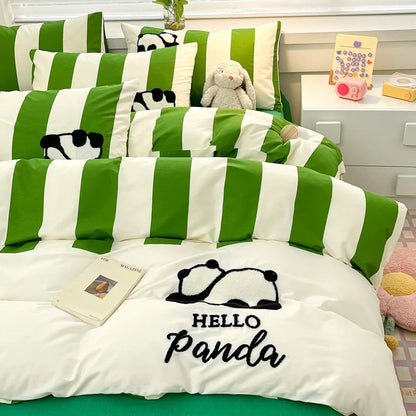 DecorBites™ Cat Embroidery Stripes Bedding Set - Single Queen Size Bedclothes