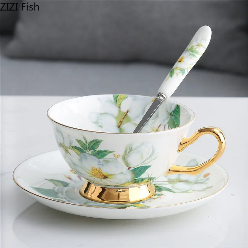 ™ Green Flowers Ceramic Cup & Saucer Set for Coffee, Tea, Juice, and More