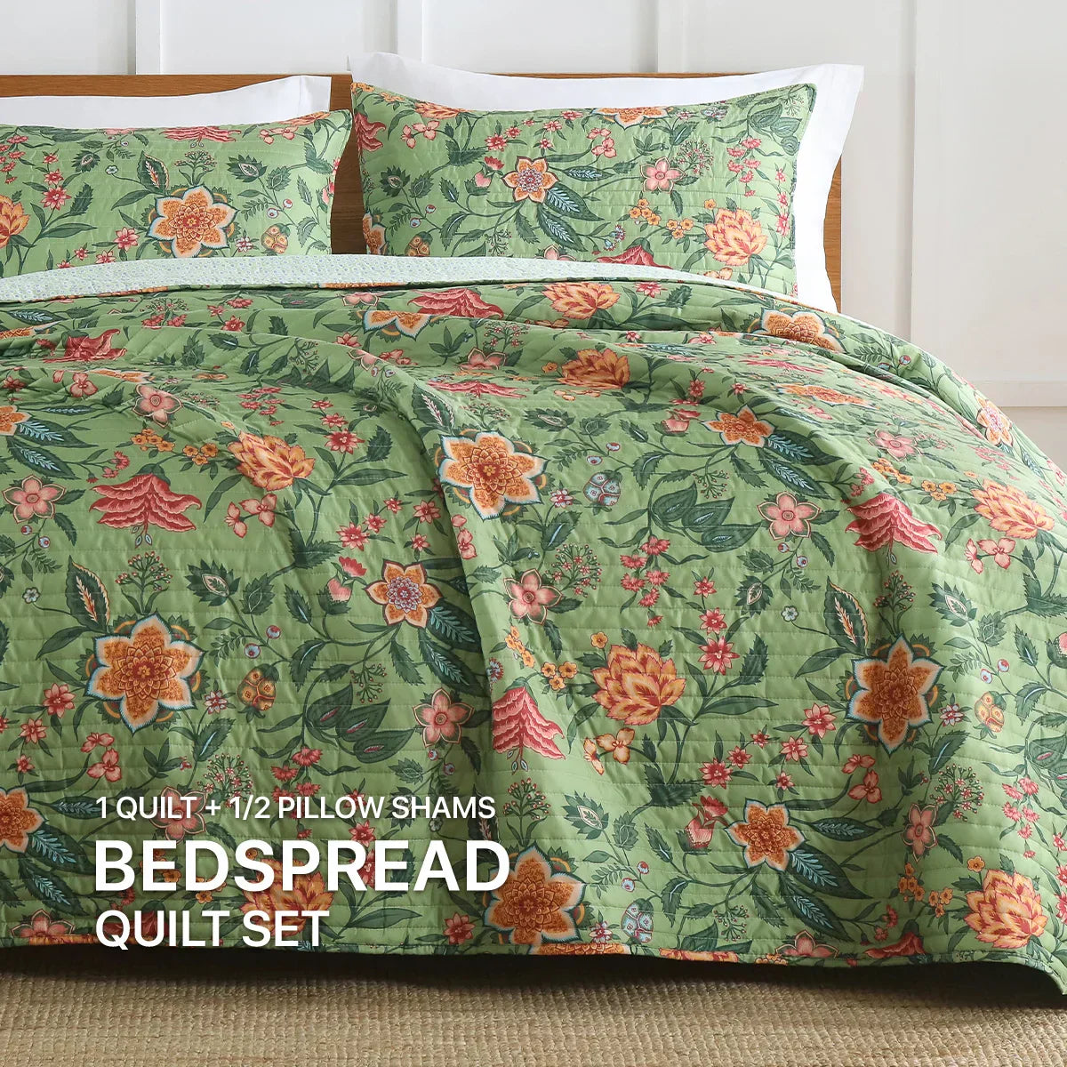 ™ Green Floral Quilt Set 3-Piece Oversized Bedding with Shams