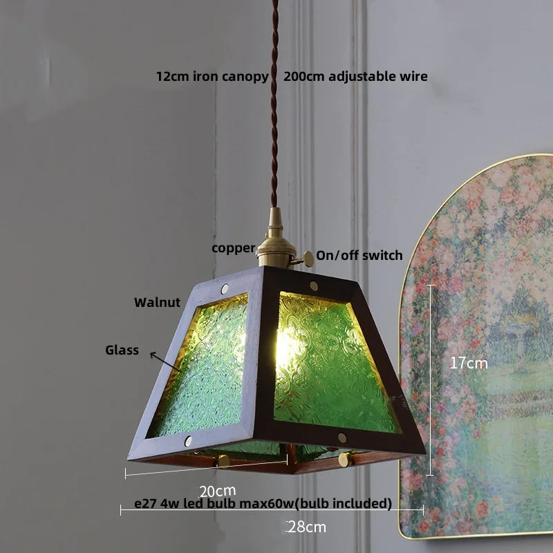 DecorBites™ Glass LED Pendant Lamp Walnut Wood Brass Hanging Lights