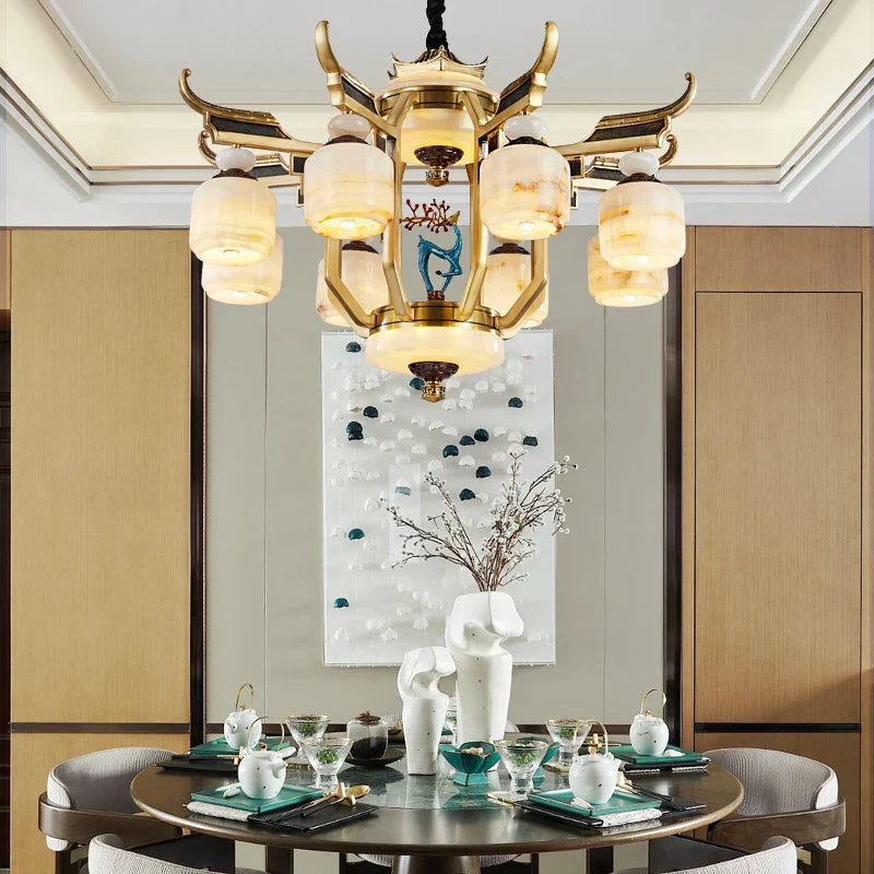 DecorBites™ All Copper Jade Chandelier for Villa Living Room, Dining Room - Chinese Style Duplex Copper Lamp