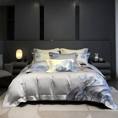 DecorBites™ Blue Tides Waves Embroidery 1200TC Luxury Bedding Set with Duvet Cover, Sheet, Pillowcases