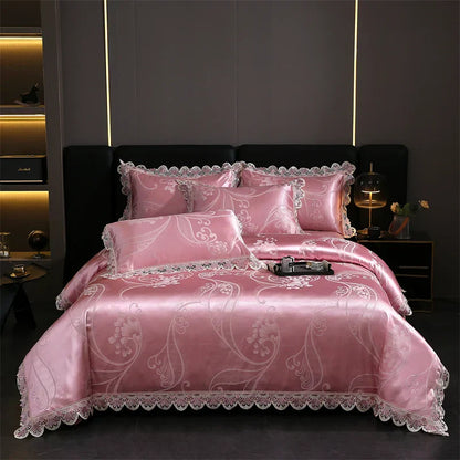 DecorBites™ Golden Jacquard Cotton Lace Bedding Set - Silky Soft Duvet Cover, Flat Sheet, Pillowcase