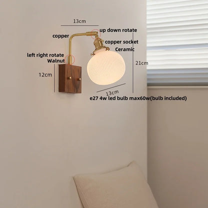 ™ Globe Ceramic Walnut Wood Wall Light with Pull Chain Switch and Rotatable Design