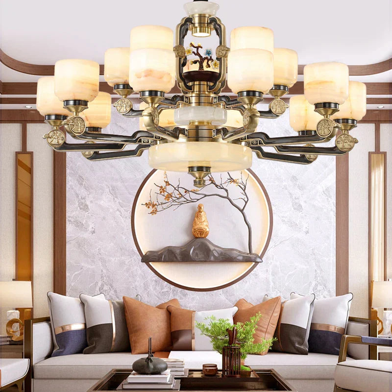 DecorBites™ All Copper Jade Chandelier for Living Room, Villa Duplex Multi-storey Lighting