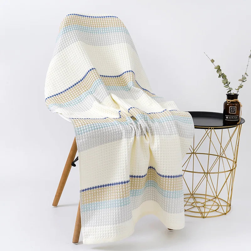DecorBites™ Cotton Bath Towel - Soft Absorbent Honeycomb Stripe Design, 70x140cm