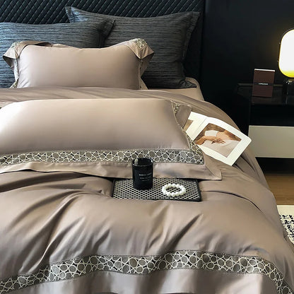 DecorBites™ Brown Lace Embroidery Bedding Set, 4Pcs, 1200TC Egyptian Cotton
