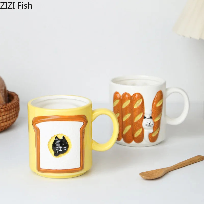 DecorBites™ Cat & Bread Pattern Ceramic Cup 200ml Coffee Mug Tea Afternoon Teacup Juice Mug