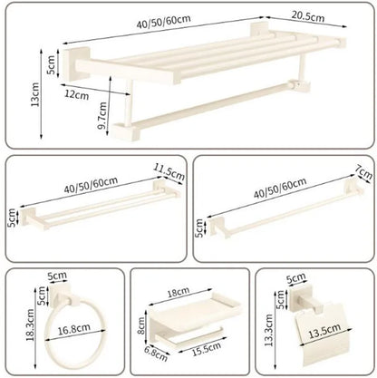 DecorBites™ Bathroom Set: Cream White Shelf, Towel Rack, Paper Holder, Brush Holder & Hardware