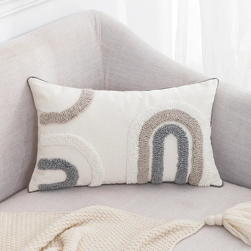 DecorBites™ Boho Tufted Embroidered Cotton Canvas Cushion Cover Grey Beige Tassel Pillowcase