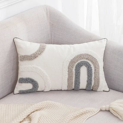DecorBites™ Boho Tufted Embroidered Cotton Canvas Cushion Cover Grey Beige Tassel Pillowcase