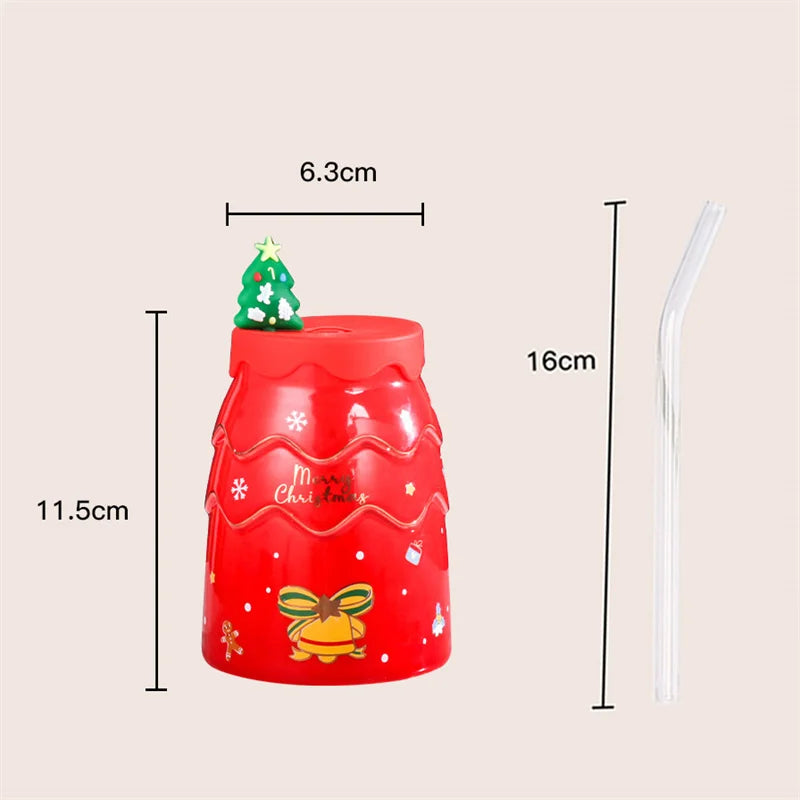 DecorBites™ Christmas Tree Ceramic Mug with Lid Straw for XMAS Gift