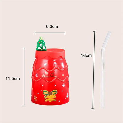 DecorBites™ Christmas Tree Ceramic Mug with Lid Straw for XMAS Gift
