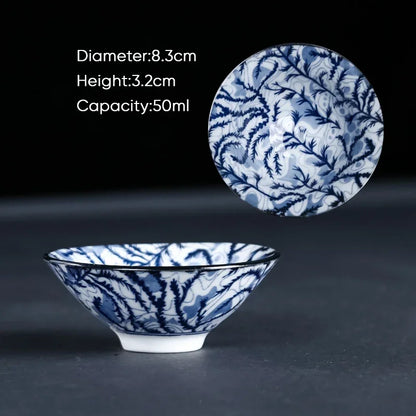 DecorBites™ Blue & White Ceramic Kung Fu Tea Cup, Japanese Style Porcelain Sake Espresso Mug