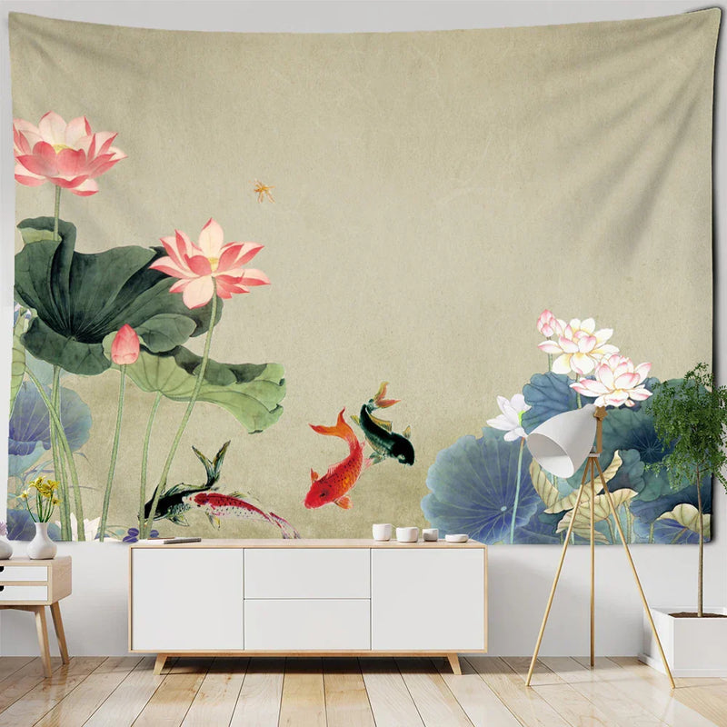 ™ Koi Lotus Ink Tapestry Wall Hanging - Bohemian Aesthetics Home Decor