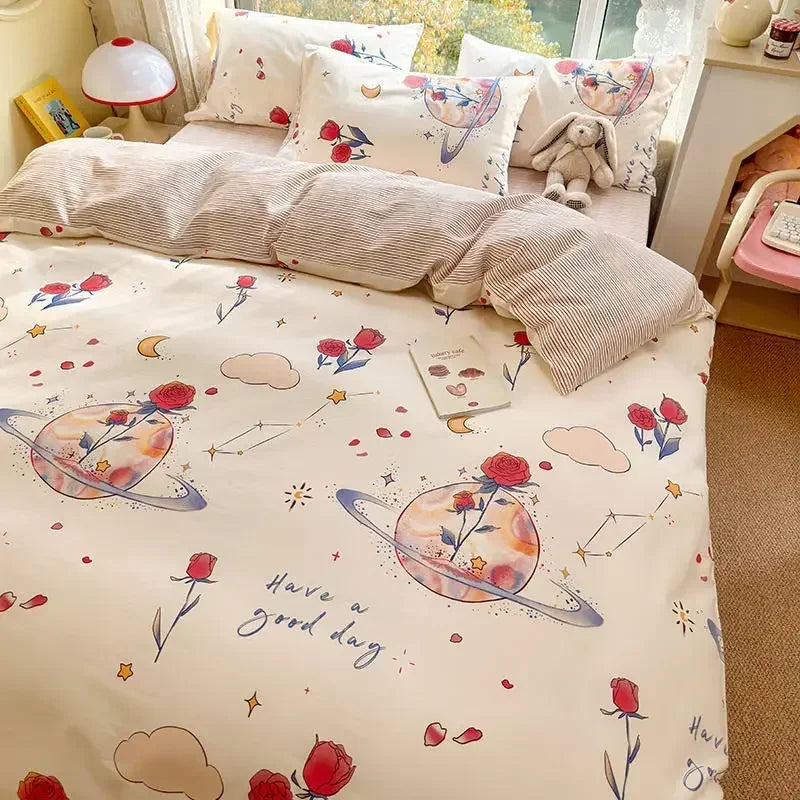 DecorBites™ Double-Sided Floral Print Cotton Bedding Set - Queen Size Soft Duvet Cover Set