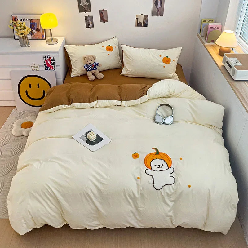 DecorBites™ Cartoon Towel Embroidery Bedding Set in Soft Washed Cotton for Kids