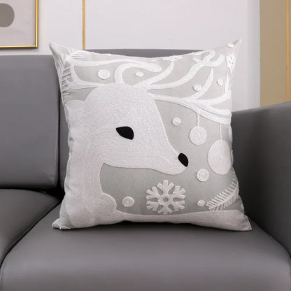 DecorBites™ Christmas Snowflake Deer Cushion Cover Green Red Square Embroidery Pillow Case 45x45cm