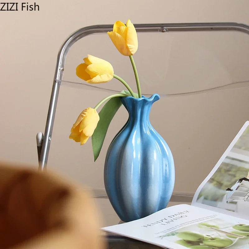 DecorBites™ Blue Ceramic Flower Bud Vase for Table Decoration and Room Aesthetic