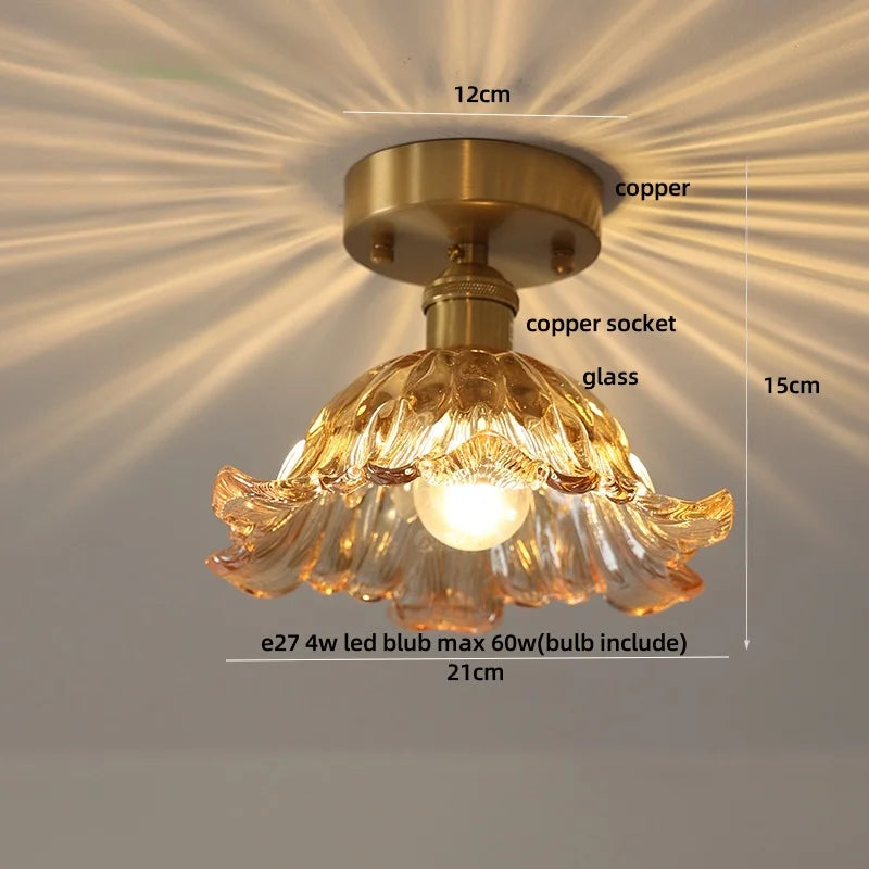 DecorBites™ Amber Glass Ceiling Lamp Wood Nordic Modern Bedroom Bathroom Light