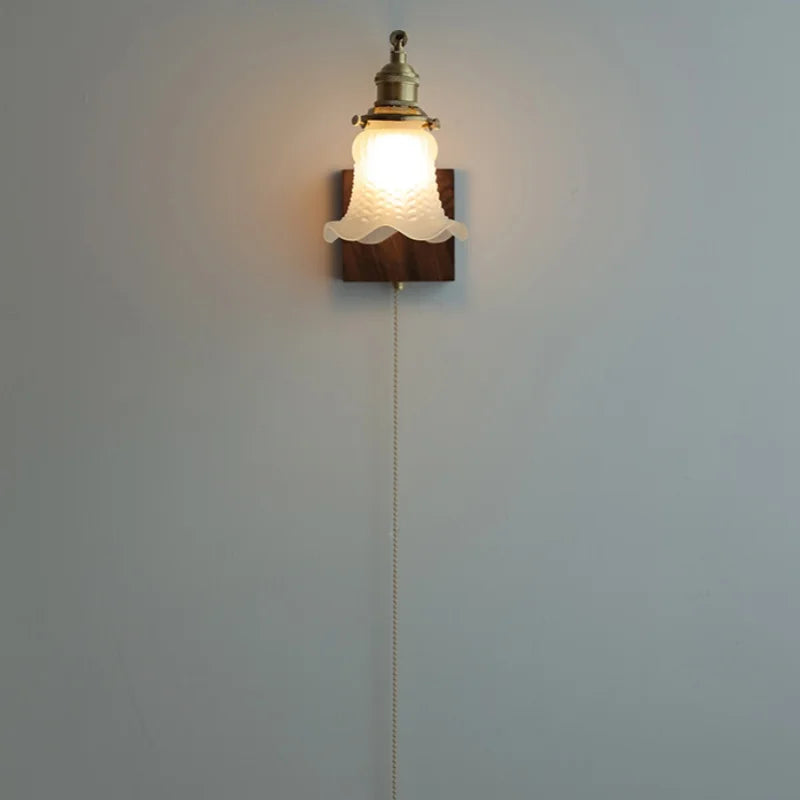 DecorBites™ Brass Walnut Wood LED Wall Sconce with Pull Chain Switch & Flower Glass