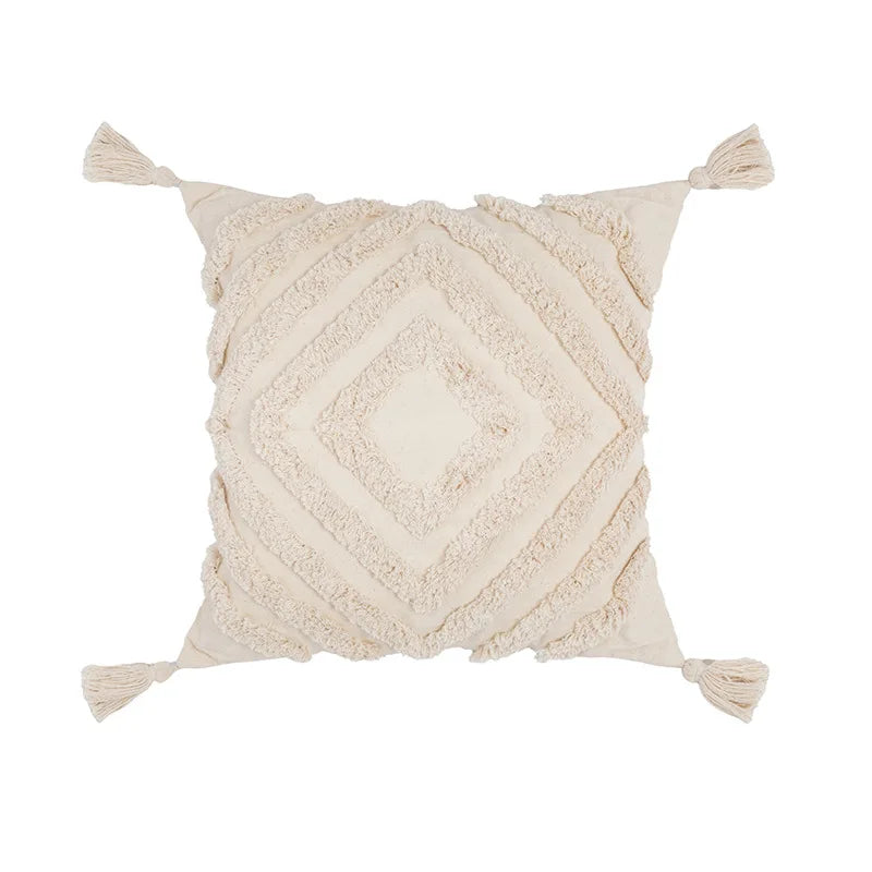 DecorBites™ Boho Tufted Beige White Tassel Pillow Cover Home Decor Square Beaded Case