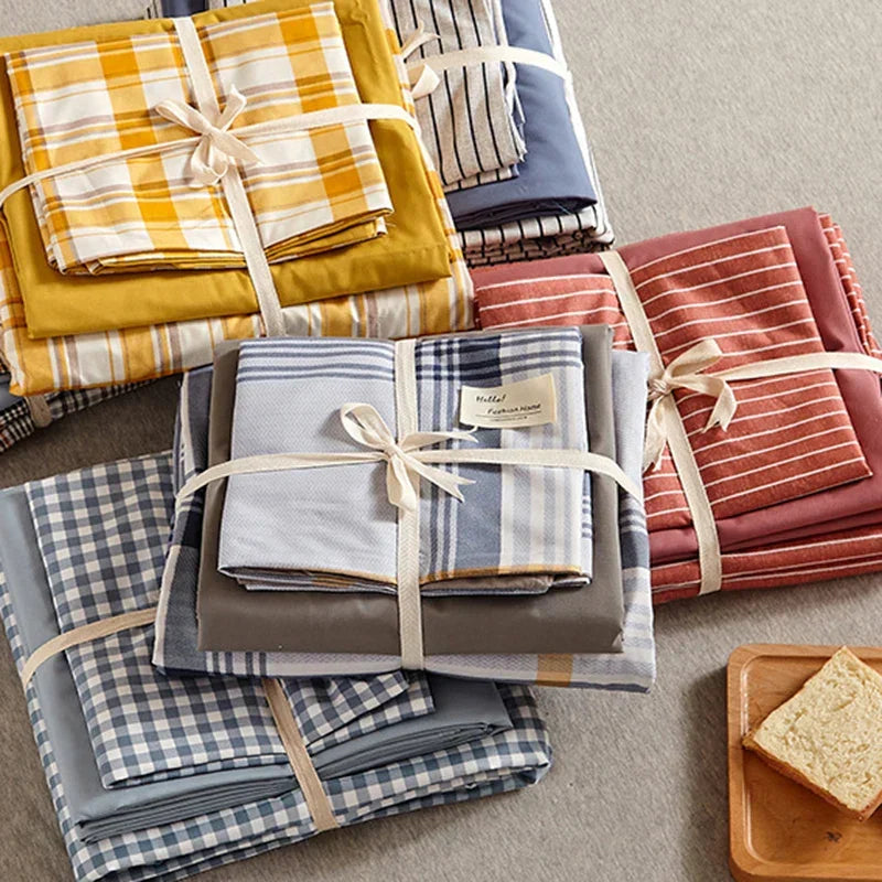 ™ Japanese Grid Printed Cotton Bedding Set in Queen/King for Cozy Sleep