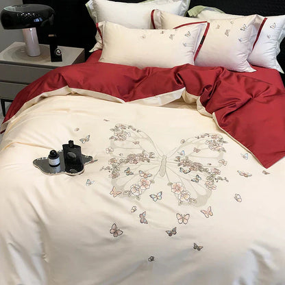 DecorBites™ Butterfly Flowers Embroidery Wedding Bedding Set 1000TC Egyptian Cotton Duvet Cover