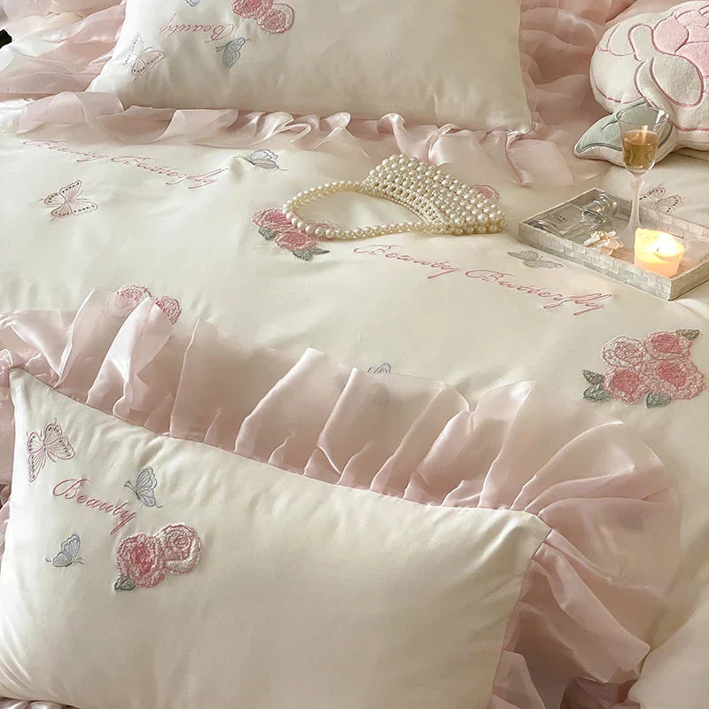 DecorBites™ Butterfly Flowers Lace Ruffles 4Pcs Bedding Set: Duvet Cover, Sheet, Pillowcases