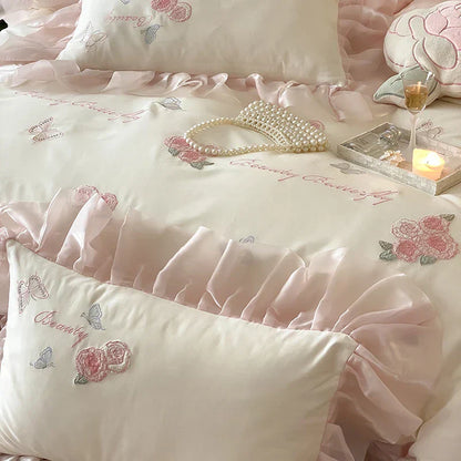 DecorBites™ Butterfly Flowers Lace Ruffles 4Pcs Bedding Set: Duvet Cover, Sheet, Pillowcases