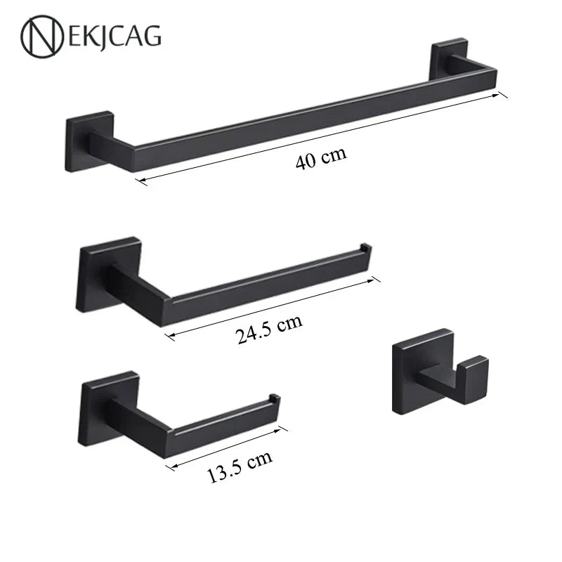 DecorBites™ Black Bathroom Set: Towel Holder, Paper Holder, Gold Rod, Robe Hook - Stainless Steel Accessories