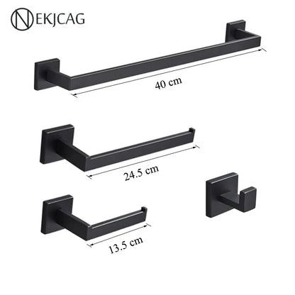 DecorBites™ Black Bathroom Set: Towel Holder, Paper Holder, Gold Rod, Robe Hook - Stainless Steel Accessories